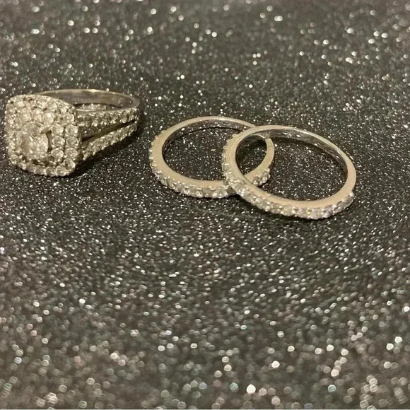 3ct. Halo Cushion Diamond Engagement Wedding Ring Set 10k White Gold (3 pcs.) - Picture 6 of 15